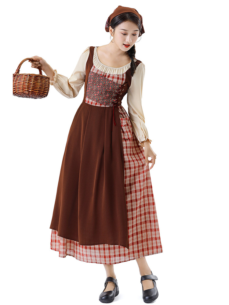Traditional Dirndl Costume Dress With Cream Long Sleeves And Ankle Length